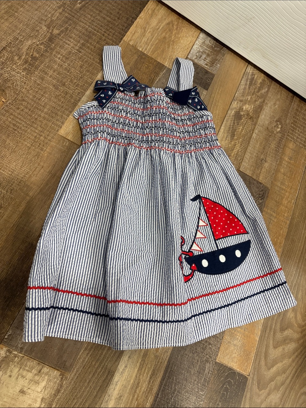 Good Lad Navy, White & Red Striped Sailboat Dress patriotic